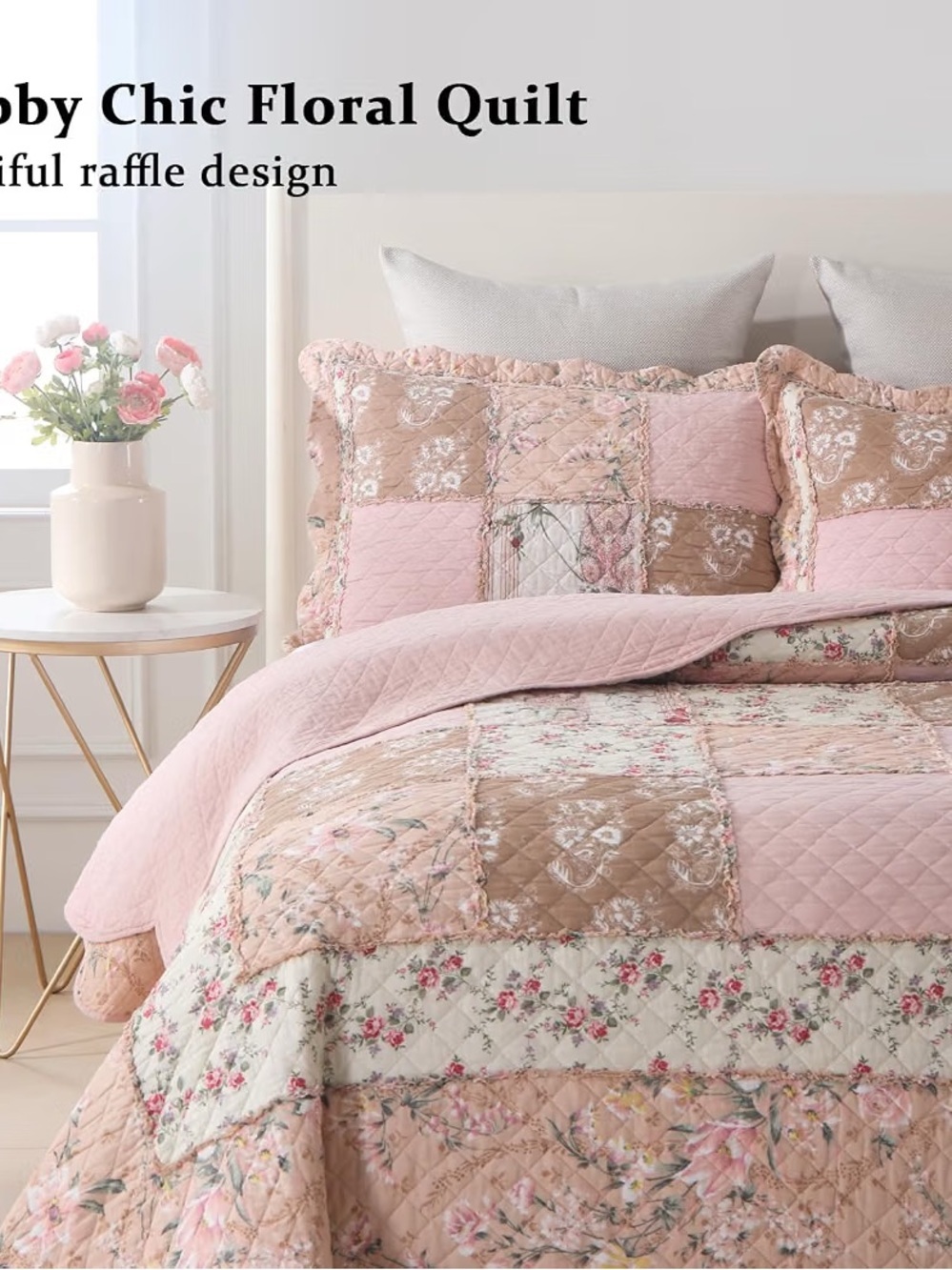 Queen Size Patchwork Pink Floral Quilt Set Vintage Shabby Chic Botanic